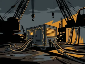 Compacte generator op modderige bouwplaats bij schemering, overbelast met zware kabels en vonken bij aansluitpunten.