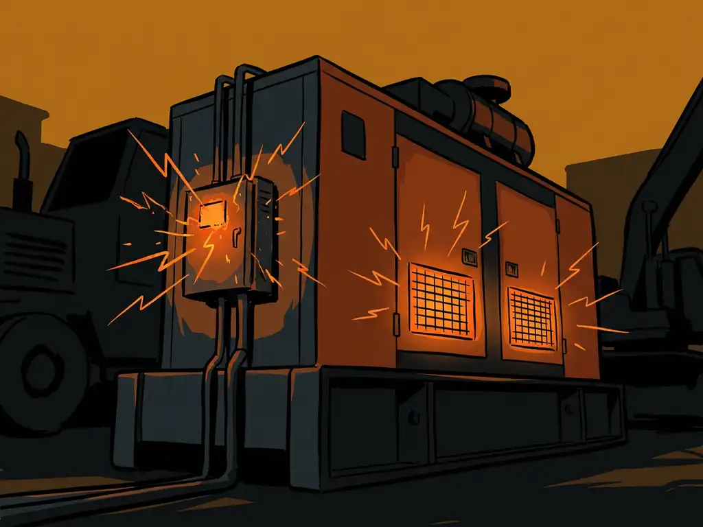 Zware industriële generator met oververhitte componenten en vonken bij een elektrische verbinding, dramatische amber- en oranje tinten.