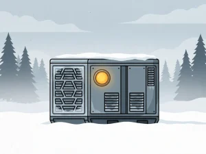 Hybride generator in besneeuwde omgeving met rijp op ventilatiepanelen en oranje controlelampje, omringd door dennenbomen.