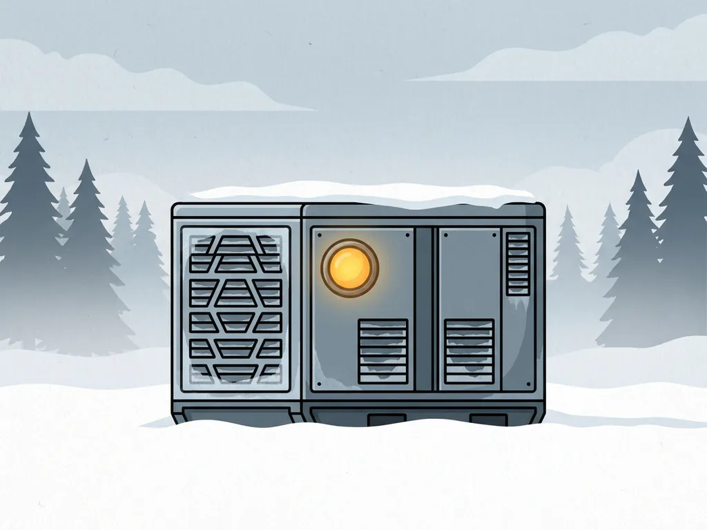 Hybride generator in besneeuwde omgeving met rijp op ventilatiepanelen en oranje controlelampje, omringd door dennenbomen.