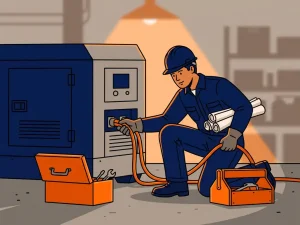Generatormonteur in marineblauw werkpak sluit zware stroomkabels aan op industriële generator, gereedschapskist open op betonnen vloer.
