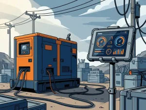 Industriële generator op afgelegen bouwplaats met tablet die live vermogensdata toont als gloeiende meters.