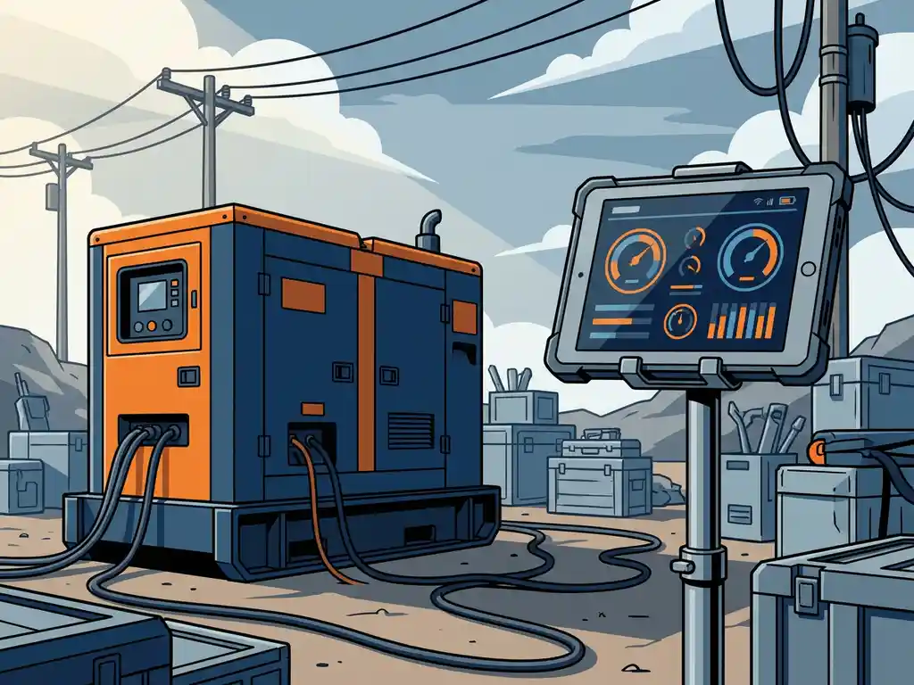 Industriële generator op afgelegen bouwplaats met tablet die live vermogensdata toont als gloeiende meters.