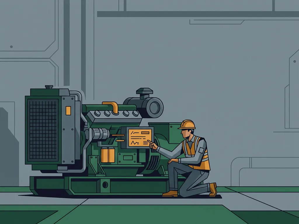 Technicus in werkkleding inspecteert emissie-nalevingslabel op industriële generator in vector-illustratiestijl.