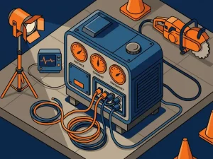 Industriële generator met vermogensmeter en kabelaansluitingen, omringd door spotlight, medische monitor en elektrisch gereedschap.