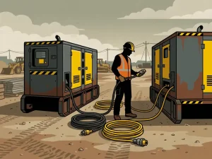 Twee zware generatorsets op bouwlocatie worden gesynchroniseerd via industriële kabels, technicus in werktenue houdt toezicht.