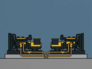 Twee industriële generatorsets naast elkaar op beton, verbonden door een kabel, vlakke vectorillustratie in houtskool, geel en leisteenblauw.