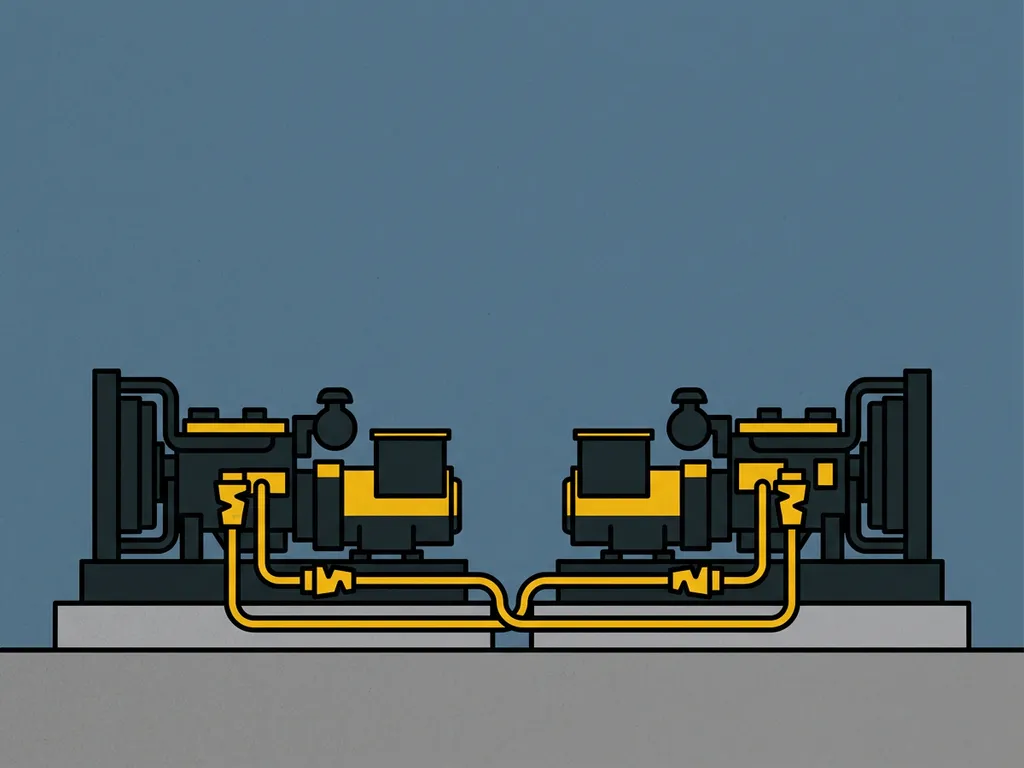 Twee industriële generatorsets naast elkaar op beton, verbonden door een kabel, vlakke vectorillustratie in houtskool, geel en leisteenblauw.