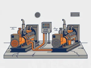 Twee industriële generatorsets naast elkaar op beton, verbonden via een synchronisatiepaneel met kabelgoten.