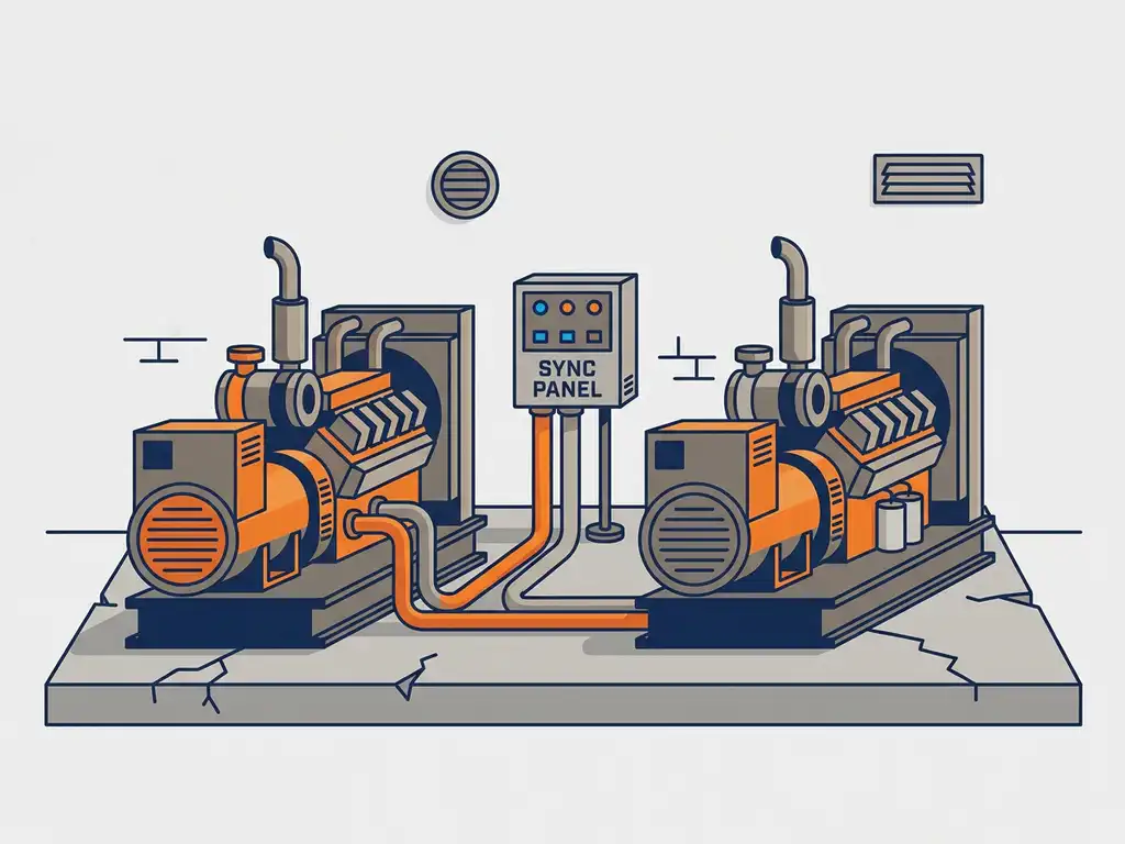 Twee industriële generatorsets naast elkaar op beton, verbonden via een synchronisatiepaneel met kabelgoten.