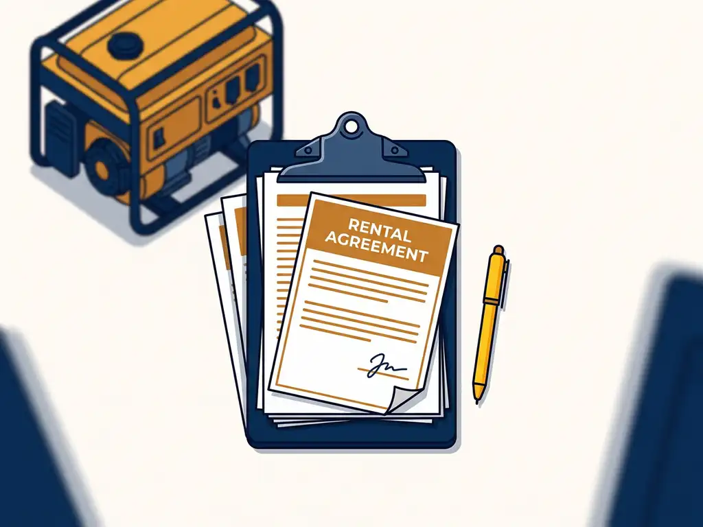 Ondertekend huurcontract en officiële documenten op metalen klembord met gele pen, compacte generator op achtergrond.