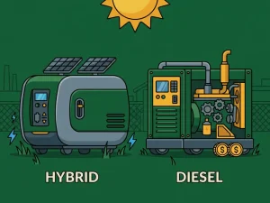 Hybride generator en dieselgenerator naast elkaar op industrieel grasveld, vlakke vectorillustratie in bosgroen, amber en leisteengrijs.