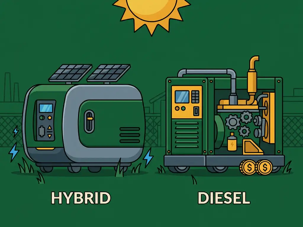 Hybride generator en dieselgenerator naast elkaar op industrieel grasveld, vlakke vectorillustratie in bosgroen, amber en leisteengrijs.