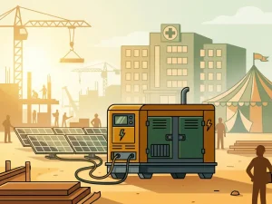 Hybride generator gekoppeld aan zonnepanelen op een bouwplaats, met ziekenhuis en evenemententent op de achtergrond.