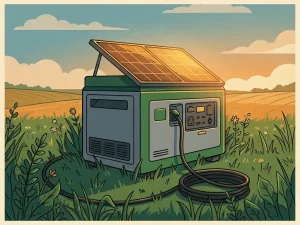 Compacte hybride generator in zonnig groen veld met schuingeplaatste zonnepanelen op het dak en een dikke stroomkabel aan de basis.