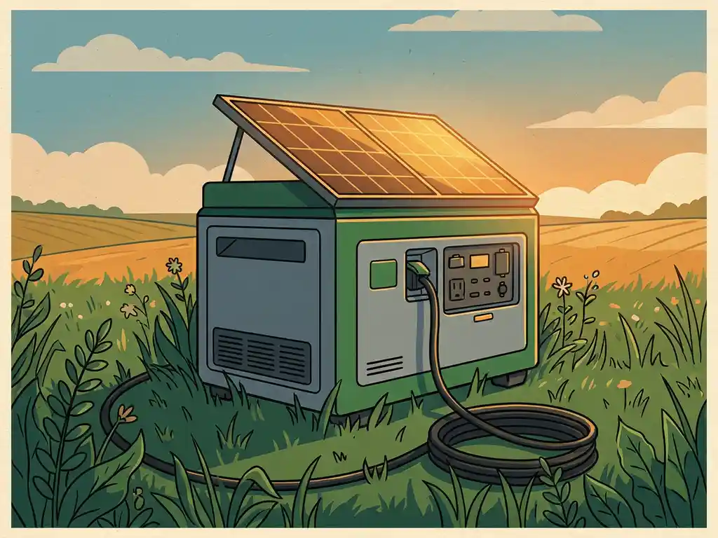 Compacte hybride generator in zonnig groen veld met schuingeplaatste zonnepanelen op het dak en een dikke stroomkabel aan de basis.