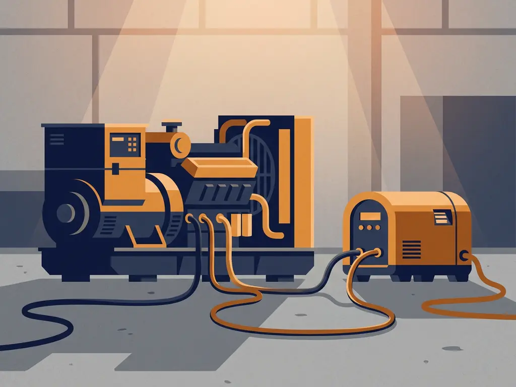 Industriële generator en compacte noodstroomaggregaat verbonden met kabels en brandstoflijnen op een bouwplaats, vlakke vectorillustratie.