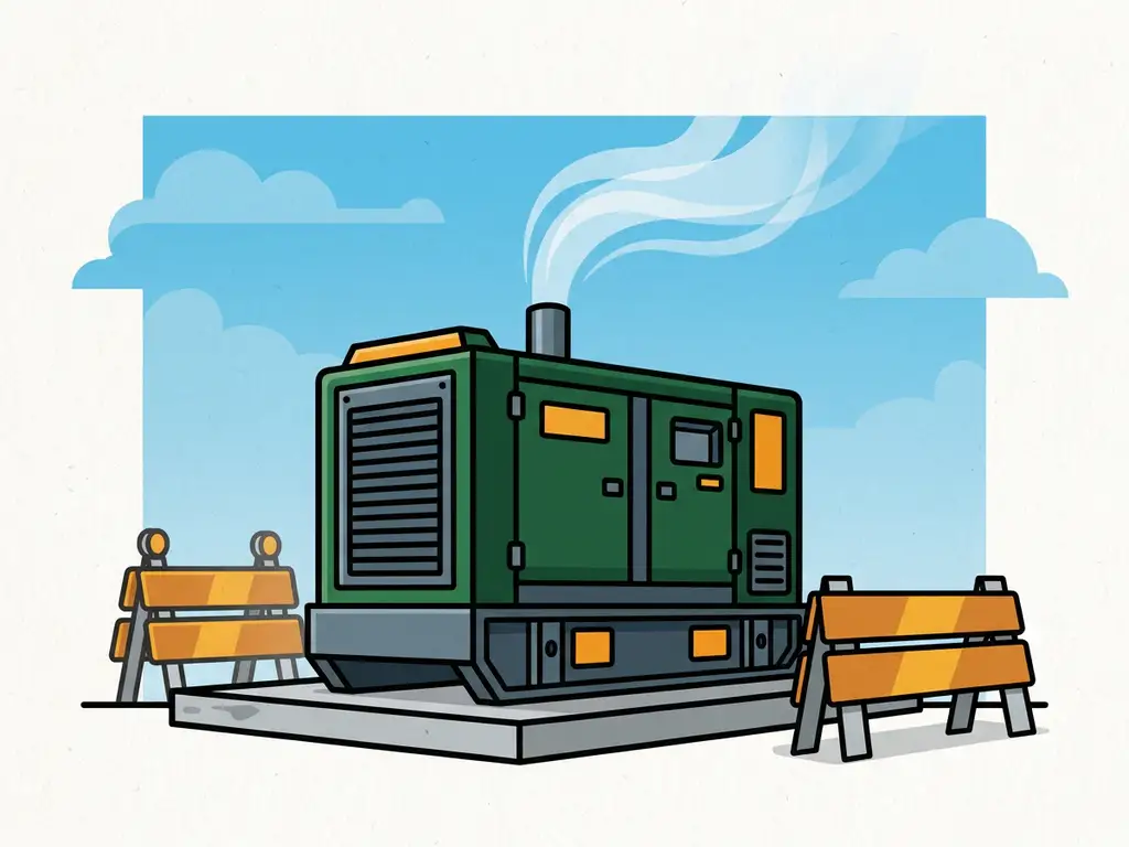 Industriële generatorset op een bouwplaats, lage camerahoek benadrukt kracht, vectorillustratie in bosgroen, leisteengrijs en amber.