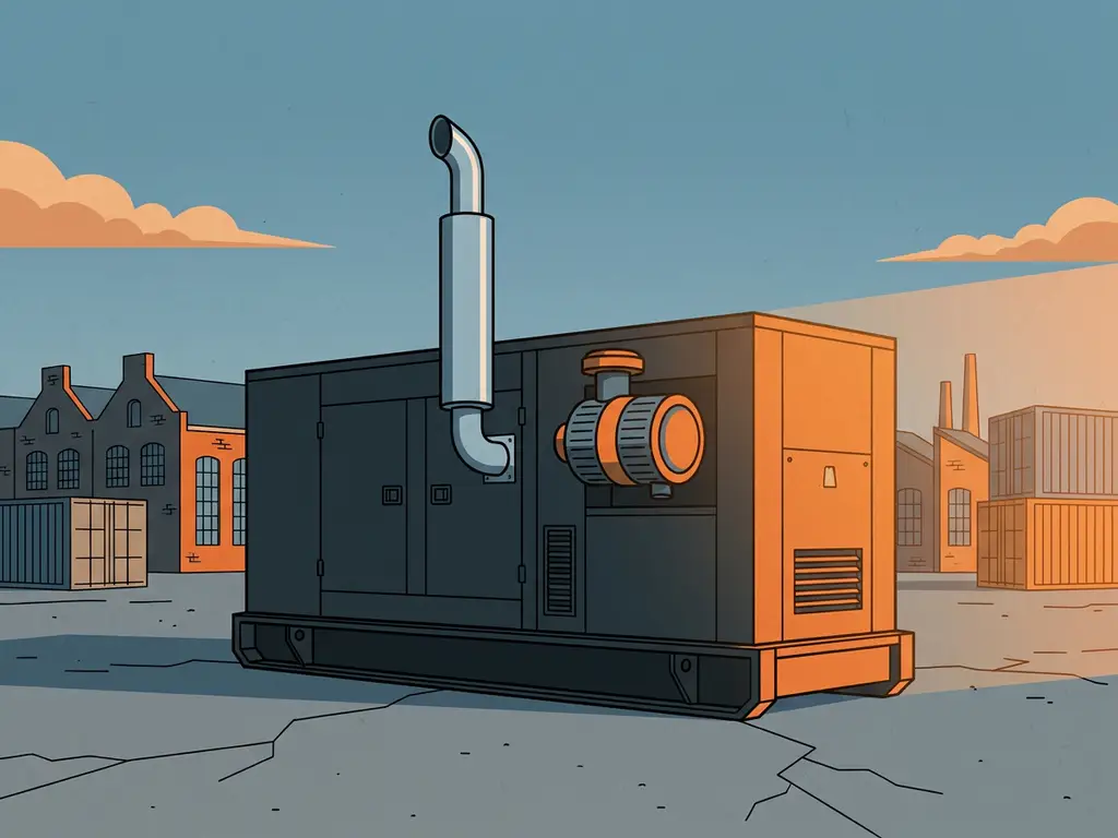 Industriële generator met schoon uitlaatsysteem en emissiefilter op betonnen ondergrond in Nederlandse industriële omgeving.