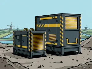 Twee industriële generatoren op een bouwplaats, een compact en een groot model in antraciet met gele accenten, Hollands polderlandschap op de achtergrond.