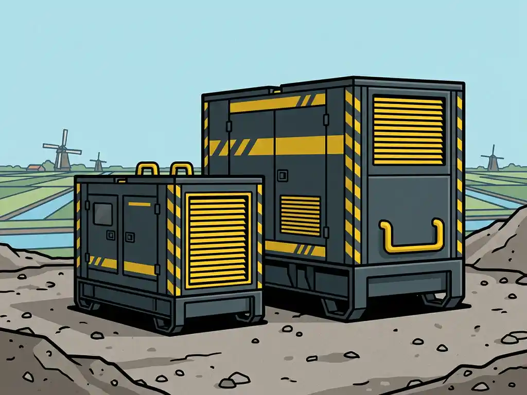 Twee industriële generatoren op een bouwplaats, een compact en een groot model in antraciet met gele accenten, Hollands polderlandschap op de achtergrond.