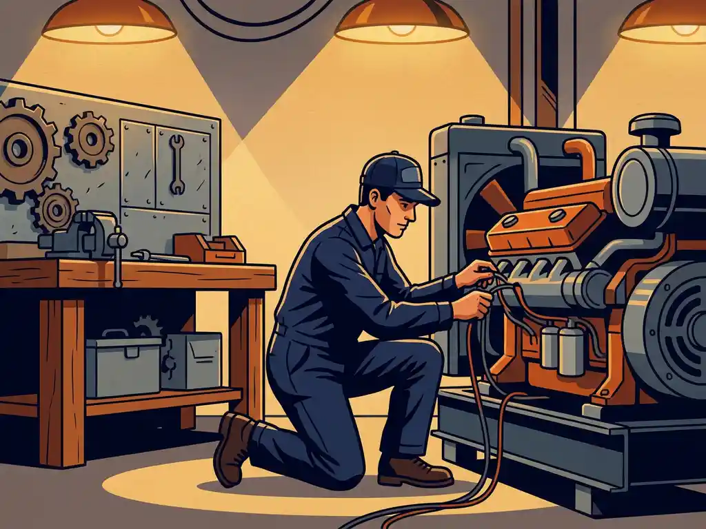 Technicus in blauwe overall assembleert een grote aangepaste generatorunit in een industriële werkplaats met metalen componenten op werkbank.