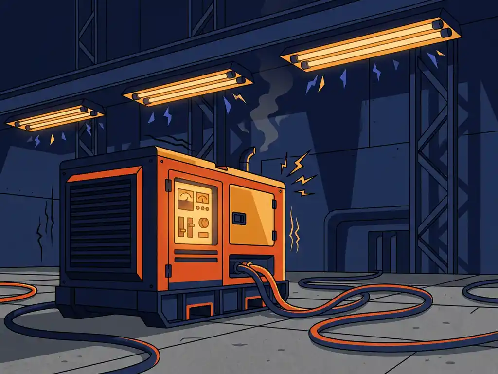 Zware noodgenerator die opstart in donkere industriële ruimte, met gloeiend amberkleurig bedieningspaneel en flikkerende tl-verlichting.
