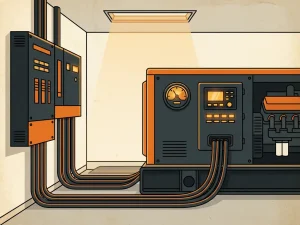 Industriële noodstroomgenerator in machinekamer met dikke stroomkabels naar verdeelkast en zichtbaar brandstofmeter en bedieningspaneel.