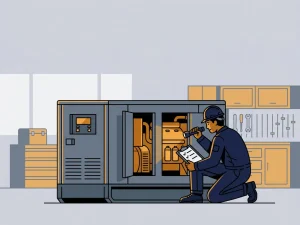 Monteur in marineblauwe overall inspecteert industriële generator met klembord in professionele werkplaats.