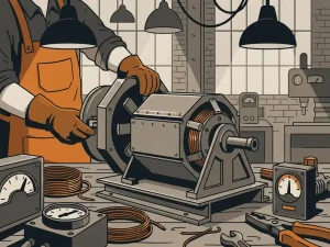 Op maat gemaakte industriële generator in aanbouw door vakkundige handen in Nederlandse werkplaats, met stalen panelen en koperen bedrading.