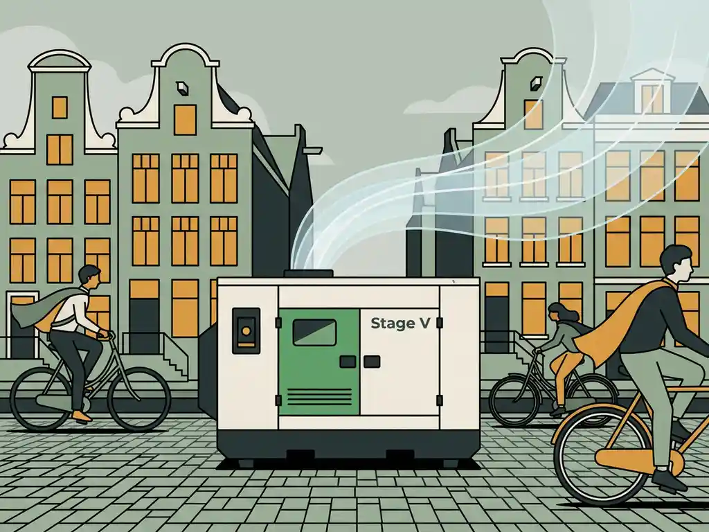 Stage V-aggregaat op een Amsterdamse klinkerstraat tussen historische grachtenpanden, met fietsers en schone lucht eromheen.