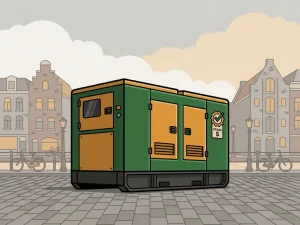 Stage 5-gecertificeerde generatorset geparkeerd op een stedelijke straat met Amsterdamse gevelarchitectuur op de achtergrond.