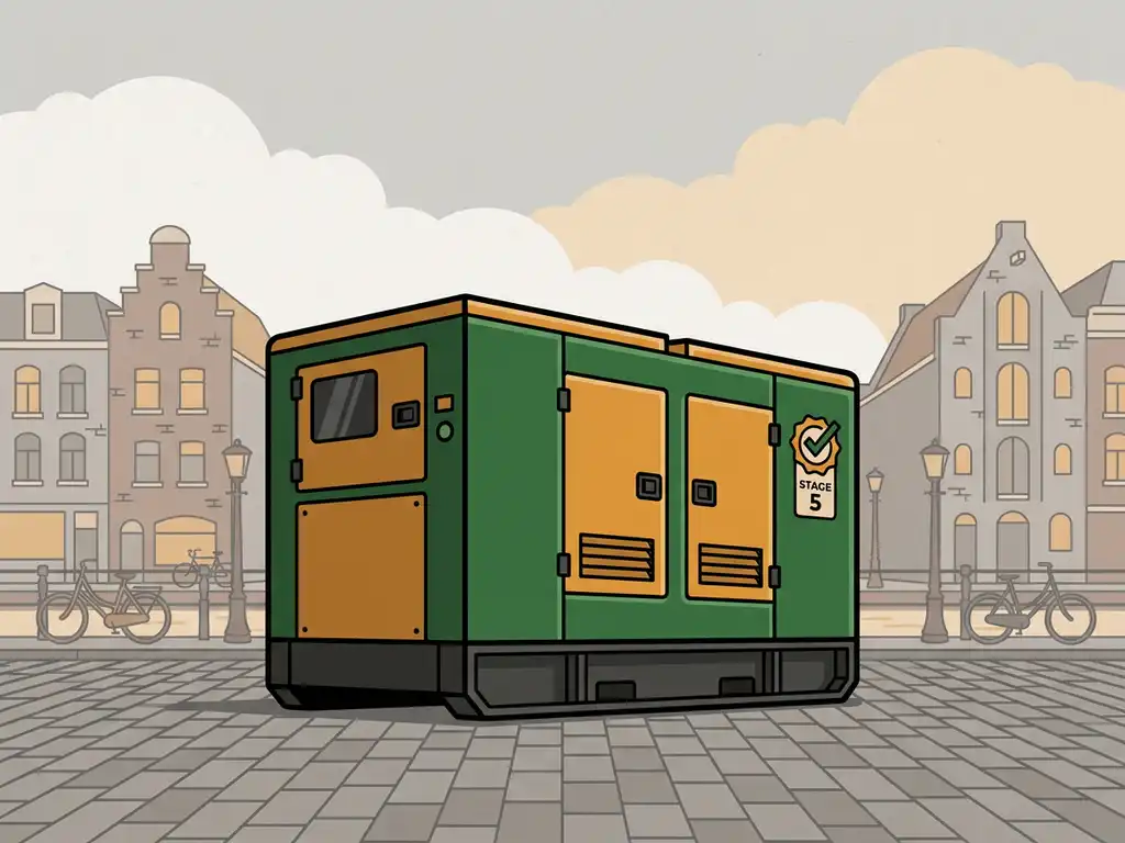 Stage 5-gecertificeerde generatorset geparkeerd op een stedelijke straat met Amsterdamse gevelarchitectuur op de achtergrond.