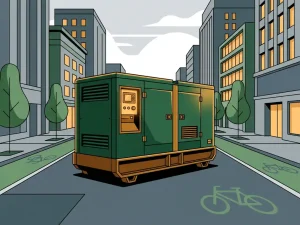 Stage 5 generatorset geparkeerd in een stedelijke lage-emissiezone met fietspaden en moderne gebouwen op de achtergrond.