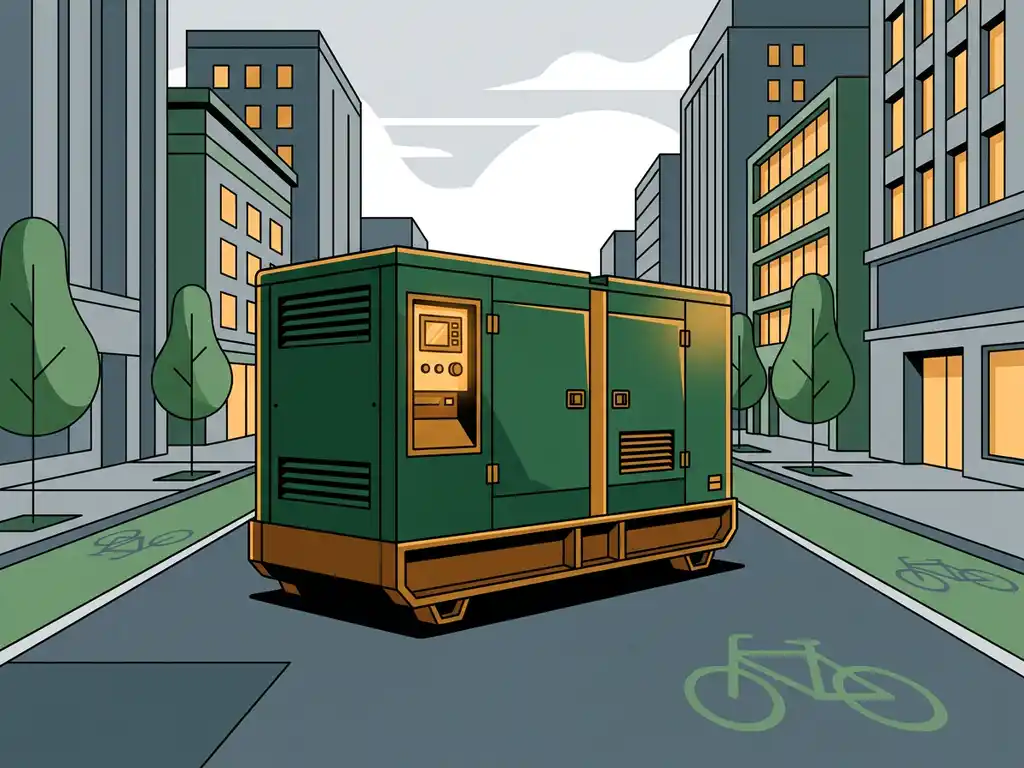 Stage 5 generatorset geparkeerd in een stedelijke lage-emissiezone met fietspaden en moderne gebouwen op de achtergrond.
