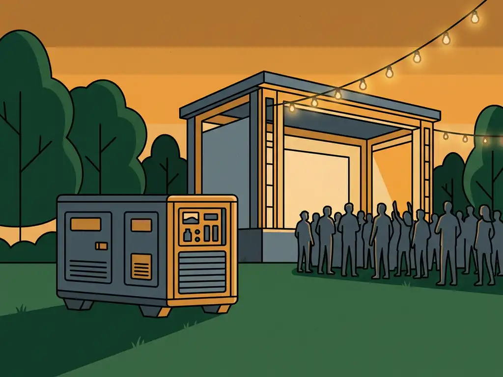 Stille generator naast een buitenpodium met slingerverlichting en feestelijke menigte silhouet in warm avondlicht.