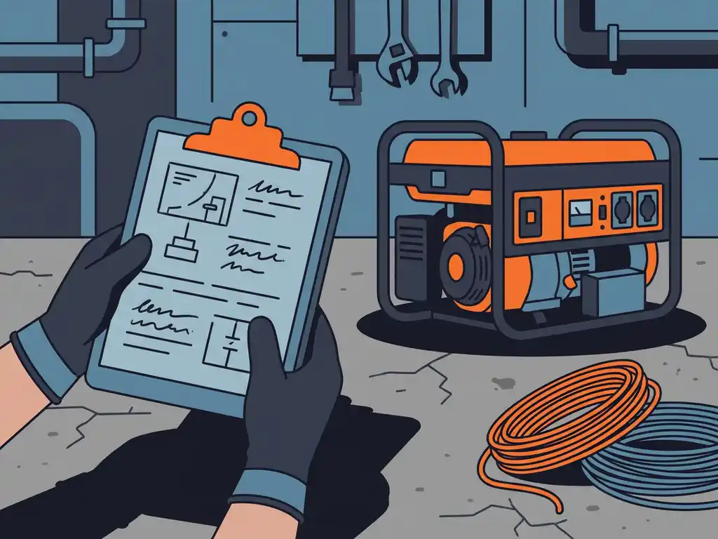 Technicus houdt klembord met belastingsberekeningen vast naast een compacte industriële generator op betonnen vloer.