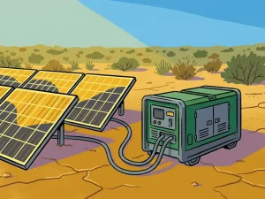 Compacte zonnepanelenarray verbonden met dieselgenerator op droge grond, hybride energiesysteem in open wildernis onder zonnige hemel.