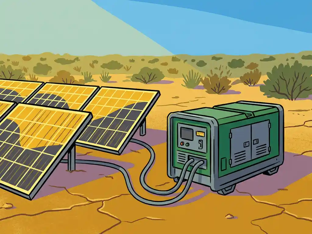 Compacte zonnepanelenarray verbonden met dieselgenerator op droge grond, hybride energiesysteem in open wildernis onder zonnige hemel.