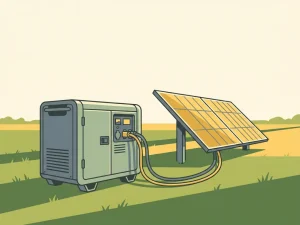 Hybride generator gekoppeld aan zonnepanelen op een zonnig Nederlands polderlandschap met lange schaduwen over groen gras.
