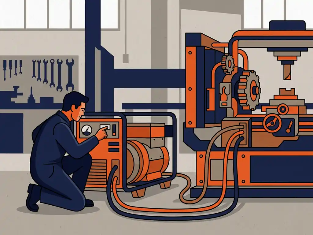 Elektricien naast industriële machine verbonden met compacte generator via dikke stroomkabels op betonnen werkplaatsvloer.